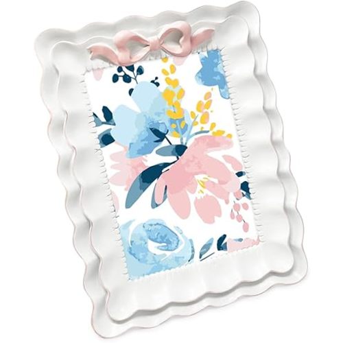 Isaac Jacobs 4x6 White With Blush Resin Picture Frame, Layered Double Ruffle Wave Design with Bow, Tabletop & Wall Display Photo Frame, Home Décor, Art, Photo Gallery (4x6, White With Blush)