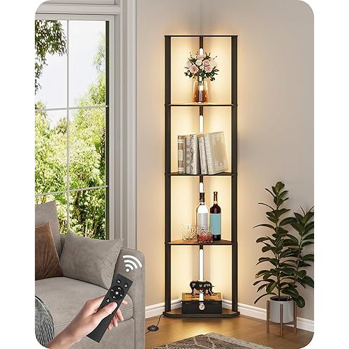 63.4” Display Shelf with Light, Modern Corner Floor Lamp with Shelves, LED Dimmable Standing Lamp with Remote for Living Room, Bedroom, Office, Adjustable CCT, Black Triangle B55LD05