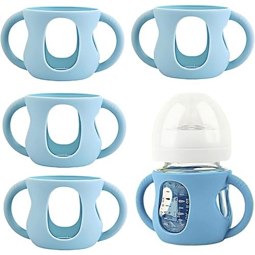 4 Pack Silicone Sleeves for Avent Natural Glass Baby Bottles, Silicone and Easy-Grip Handles for Drop Protection, Compatible with Philips Avent 4/8 OZ Glass Bottle (Light Blue, 4 OZ)
