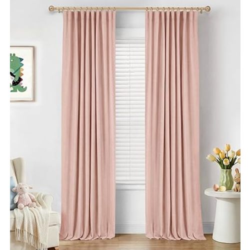 INOVADAY 100% Blackout Curtains for Bedroom, Black Out Curtains 90 Inch Long, Clip Rings Linen Blackout Drapes, Thermal Insulated Room Darkening for Living Room, 2 Panels - Blush Pink,W50xL90