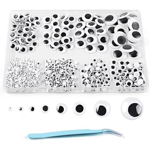 Phinus 1400PCS Googly Eyes, 8 Different Size Self-Adhesive Googly Eyes for Crafts, 4mm, 5mm, 6mm, 8mm, 10mm, 12mm, 15mm, 20mm Black Wiggle Sticky Googly Eyes with Tweezers