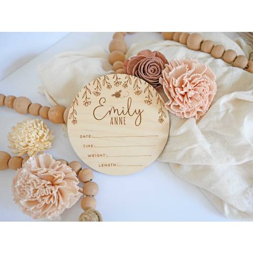 Floral Bee Baby Birth Stats Sign, Engraved Wood Photo Prop