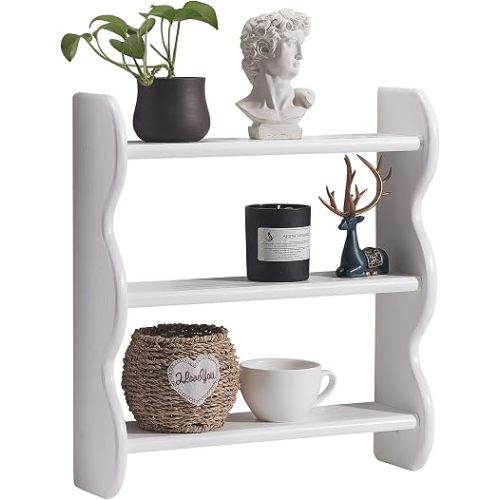100% Solid Wood Wall Shelf 3-Tier, Vintage Shelves Wall Mounted Storage Rack, Farmhouse Trinket Shelf Home Decor Display Shelves for Apartment, Living Room, Bathroom and Bedroom