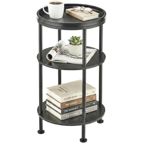 Small Round Side Table with Tray Top, 3-Tier Black End Table for Living Room & Bedroom, Modern Metal Nightstand with Storage Shelf, 11.8" Narrow Accent Table for Small Spaces, Balcony, Classic Black