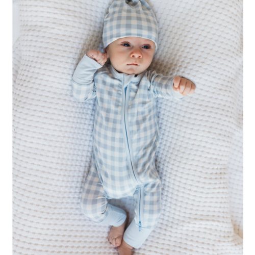 Blue Gingham Zipper Romper – In My Jammers