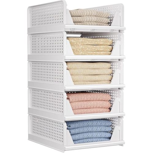 CTSNSLH 5 Pack Closet Organizers Storage Box, Closet Storage Stackable Storage Bins, Plastic Drawer Basket for Wardrobe Cupboard Kitchen Bathroom Office, White
