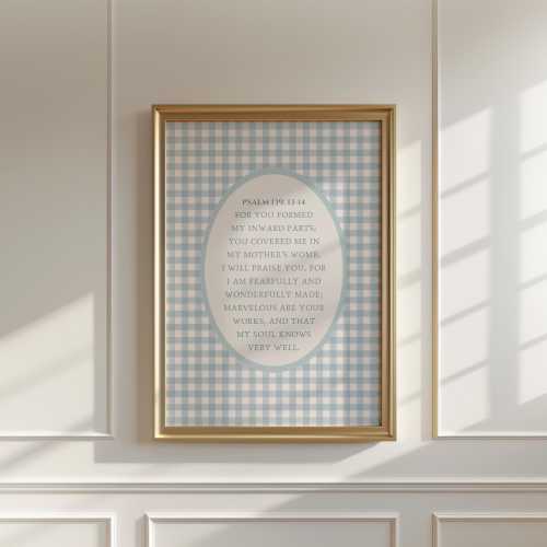 Psalm 139, Bible Verse Gingham Boys Room Nursery Decor, Digital Download