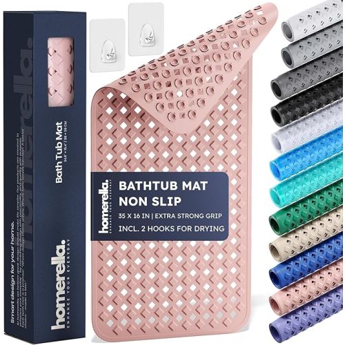 homerella® Bathtub Mat Non Slip 35x16, Incl. Hooks for Drying, Extra Long, 100% BPA Free, Shower Mat Non Slip Anti Mold, Machine Washable, Shower Mats for Inside Shower Mildew Resistant