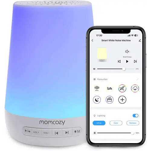 Momcozy Machine à bruit blanc pour bébé avec veilleuse, entraîneur de sommeil 34 sons apaisants, minuterie, télécommande par application, réveil personnel de routine de sommeil (bleu)