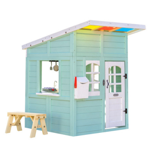 Teamson Kids Wooden Playhouse with Flower Box and Bench - Mint