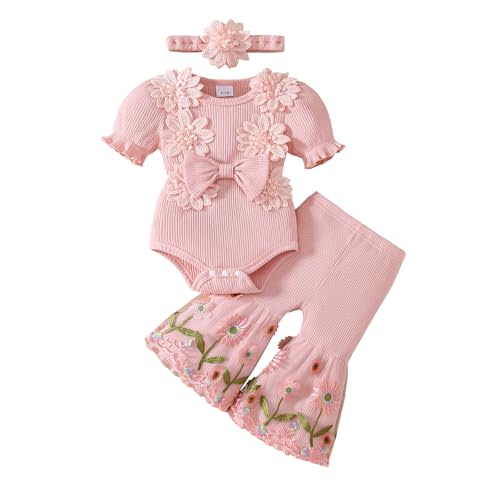 Newborn Baby Girl Clothes Infant Summer Bell Bottoms Outfits Puff Sleeve Romper Mesh Flare Pants Sets Headband