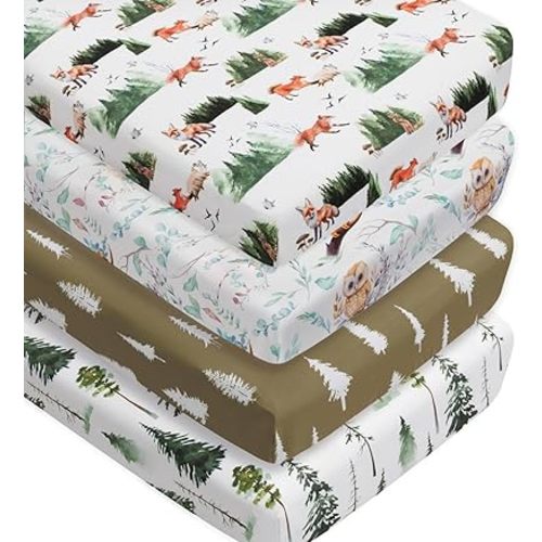 4 Pack Woodland Forest Animals Crib Sheets Neutral Unisex Fitted Baby Mattress Sheet Set for Baby Boys or Girls (Fox)