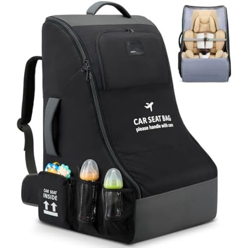 RAINSMORE Car Seat Travel Bag for Airplane Padded Car Seat Backpack Heavy-duty Car Seat Cover for Air Travel Gate Check Carseat Carrier Bags for Airport Fits Infant Carriers & Boosters
