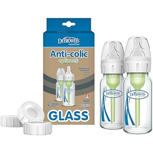 Dr. Brown's Natural Flow Anti-Colic Options+ Narrow Glass Baby Bottle 4 oz/120 mL & Travel and Storage Baby Bottle Caps for Natural Flow and Options+ Baby Bottles - 3-Pack