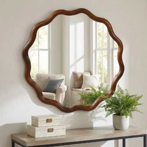 KTMBDW Wood Mirrors for Wall, Wavy Round Bathroom Scalloped Mirror Wooden Frame 24 Inch for Living Room Wall Mounted, Dark Walnut