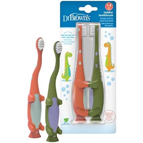 Dr. Brown's Toddler Toothbrush, Green and Orange Dinos, Ages 1-4, 2-Pack