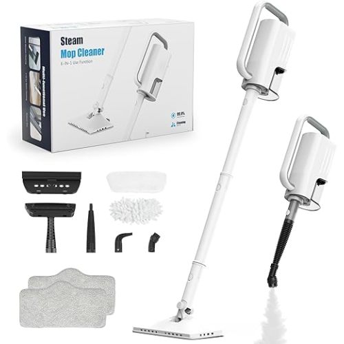 Steam Cleaner, 6 in1 Rotated Steam Mop Cleaner with 2 Modes, 2 Microfiber Pads, 400ML Removable Tank, 23FT Power Cable, Detachable Steam Mops for Floor, Laminate Floor, Tiles Cleaning (White)