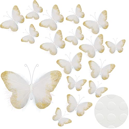 16 Pcs Feather 3D Butterfly Wall Decals Gold Glitter Butterfly Wall Art Mural Stickers Removable for Home Office Wedding Party Balloons Cake Flower Bedroom Bathroom Living Room Decor(White)
