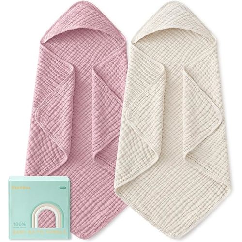 Yoofoss Hooded Baby Towels for Newborn 2 Pack 100% Muslin Organic Cotton Baby Bath Towel with Hood for Babies, Infant, Toddler and Kids, Large 32x32Inch, Soft and Absorbent Newborn Essential