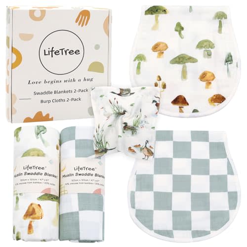 LifeTree Baby Swaddle Blankets and Burp Cloths 2 Pack, Muslin Swaddling Wrap Receiving Blanket for Newborn, 70% Viscose from Bamboo and 30% Cotton, Large 47" x 47", Mushroom & Green Checkered