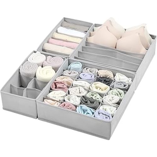 Vtopmart 4 Pack Underwear Drawer Organizers Set, 6+7+8+24 Cells Clothes Drawer Dividers Dresser Organizers Bins for Socks, Bras, Scarves, Ties, Non-Woven Fabric Storage Boxes for Closet, Nursery