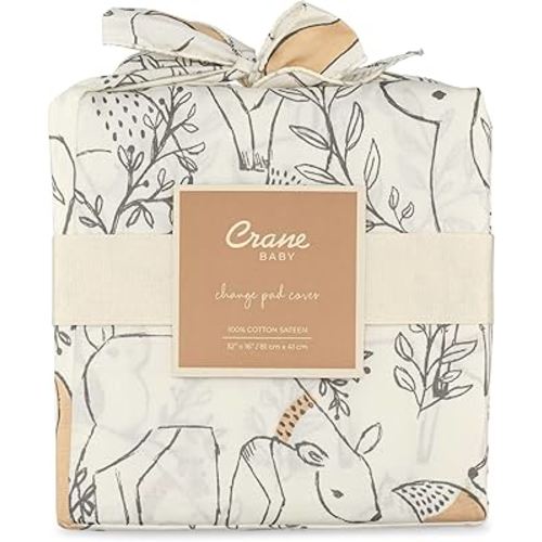Crane Baby Woodland Quilted Changing Pad Cover, Animal Fox Print, Cotton Sateen, Secure Elastic Fit, Neutral Woodland Animal Nursery Decor for Boys and Girls, Diaper Changing Pad Cover