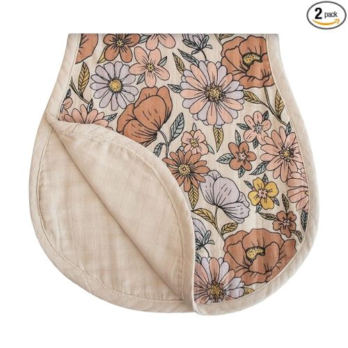 mushie Muslin Baby Burp Cloths | 100% Organic Cotton, Set of 2 (Retro Flowers/Fog)