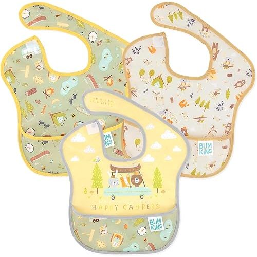 Bumkins Bibs for Girl or Boy, SuperBib Baby and Toddler 6-24 Months, Essential Must Have for Eating, Feeding, Baby Led Weaning Supplies, Mess Saving Catch Food, Waterproof Fabric 3-pk Happy Campers