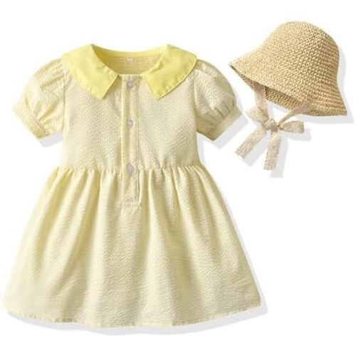 Toddler Girls Summer One-Piece Dress Baby Sundress with Straw Hat Princess Long Skirt Playwear Beachwear Dress Clothes Gift