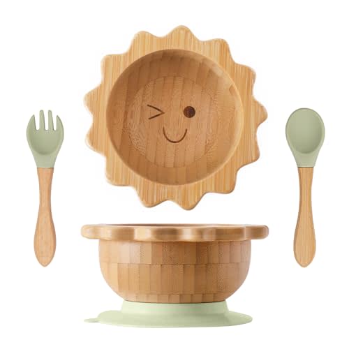 Suction Bowl for Baby Kid Toddler Bamboo Bowl Spoon Fork Set with Removable Silicone Suction All-Natural Baby Feeding Set for Baby-Led Weaning Fits Feeding High Chair Table