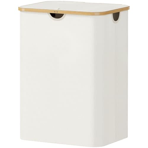 Lifewit 150L Laundry Basket with Lid, Clothes Hampers for Laundry with Bamboo Handles and A Removable Bag, Large Foldable Laundry Hamper for Bedroom, Bathroom, Dorm, Laundry Room, Off White