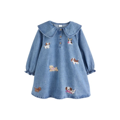 Kids' Dog Embroidered Denim Dress