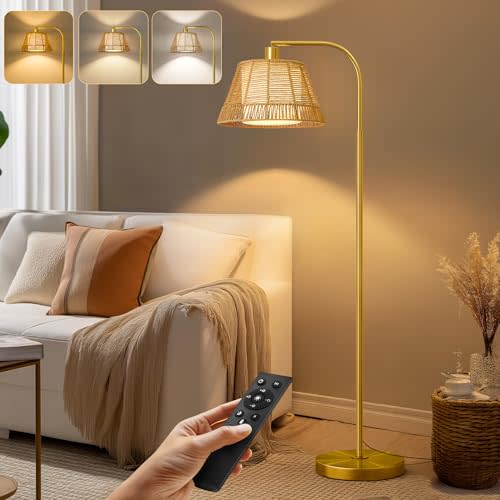 Oneach Arc Floor Lamp for Living Room with 3 Color Temperatures, Farmhouse Floor Lamps with Remote & Dimmable Bulb, Rattan Boho Floor Lamp with Hand-Woven Wicker & Fabric Shade