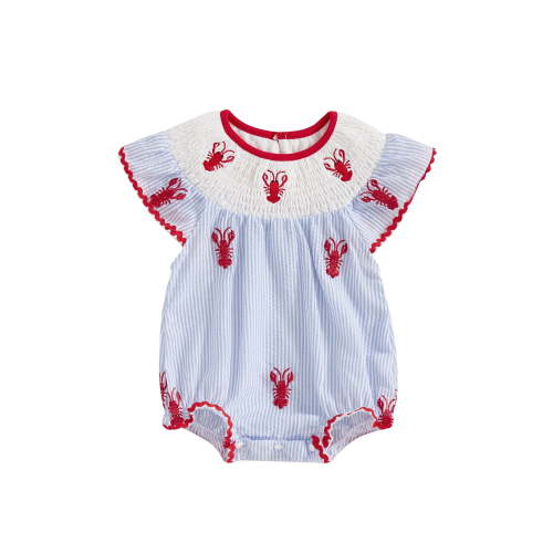 BemeyourBBs Newborn Baby Boy Girl Lobster Bubble Romper Crab Crawfish Embroidery Clothes Ruffle Short Sleeve Smocked Bodysuit Summer Outfits