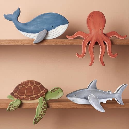 Mifoci 4 Pcs Ocean Nursery Decor Wooden Animal Tabletop Centerpiece Rustic Cute Shelf Art for Farmhouse Log Cabin Door Topper Bathroom Baby Shower