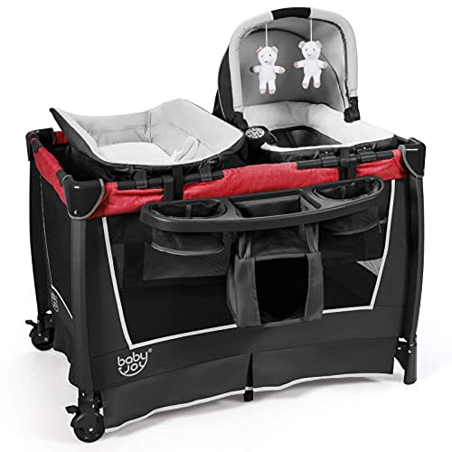 BABY JOY 5 in 1 Pack and Play, Portable Baby Playard w/Bassinet & Diaper Changing Table, Bag, Infant Bassinet Crib Activity Center for Baby Toddlers Indoor Outdoor (Rose, Classic)