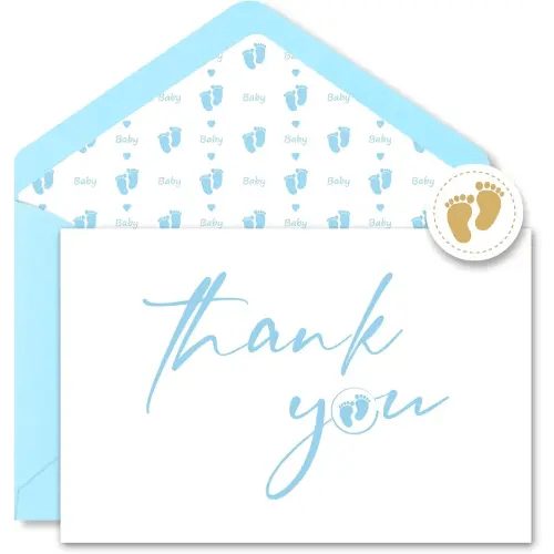 AZAZA Baby Shower Thank You Cards with Envelopes Footprint Liners, 30pcs Baby Boy Blue Thank You Cards 4x6, Thank You Note and Gold Stickers for Baby Gift Sets (Blue Envelopes & White Cards)