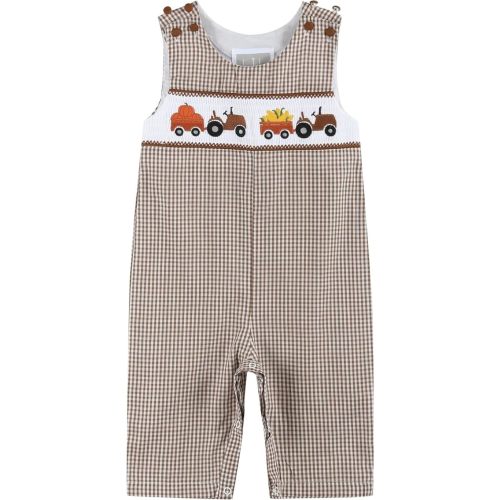 Brown Gingham Pumpkin and Corn Tractor Smocked Overalls