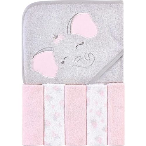 Hudson Baby Unisex Baby Hooded Towel and Five Washcloths, Pink Elephant, One Size