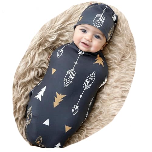 Galabloomer Newborn Swaddle Blanket with Beanie Set Baby Boy Receiving Blanket Rainbow (Gold Arrow)