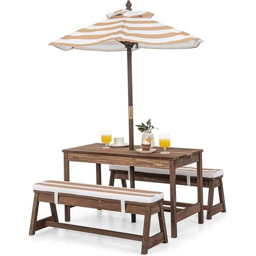 HONEY JOY Kids Picnic Table, Outdoor Wooden Table & Bench Set w/Removable Cushions and Umbrella, Stripe Fabric, Children Backyard Furniture for Patio Garden, Gift for Toddler Boys Girls Age 3+(Coffee)