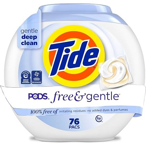Tide PODS Free & Gentle laundry detergent, 76 ct, Trusted, gentle laundry detergent pods, 100% free of irritating residues: no added dyes and perfumes