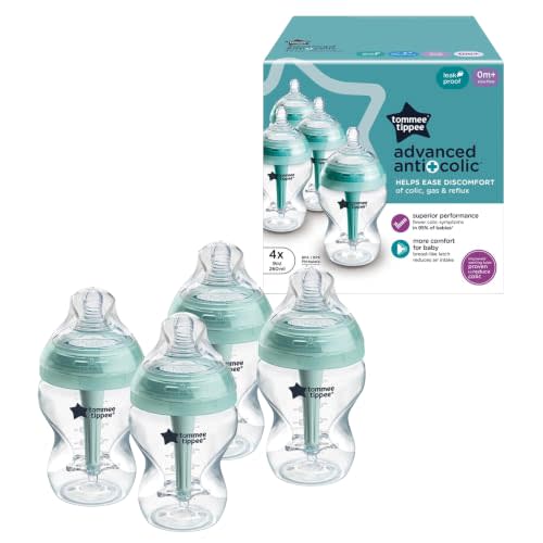 Tommee Tippee Advanced Anti-Colic Baby Bottles, Newborn 0m+, 9oz | Pack of 4, Slow Flow Breast-Like Nipple, Clear, BPA Free