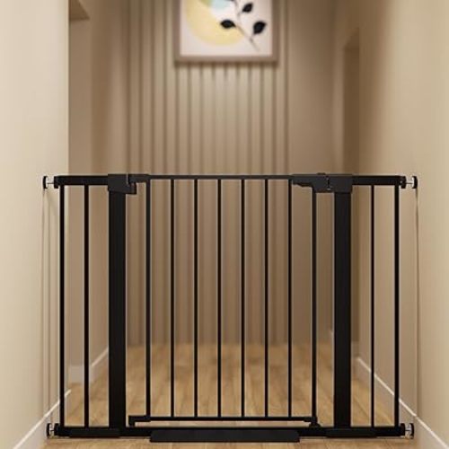 29-42 inches Metal Baby Gate for Stairs/Doorways, 30 inches Tall Pressure Mounted Pet Gates, Auto-Close Child Safety Gate, No Drilling Easy Walk-Through Dog Gate Indoor, Black