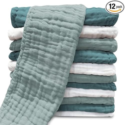 Muslin Burp Cloths for Baby 100% Cotton Burping Cloths for Unisex, Boy, Girl - Large 20'' by 10'' Newborn Essentials Ultra Soft Absorbent Milk Spit Up Rags - 12 Pack - White+Light Emerald Series