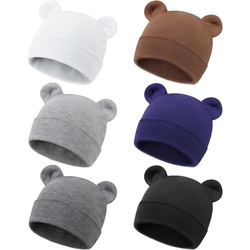 DRESHOW BQUBO 6 Pcs Newborn Baby Beanie with Bear Ears Cotton Hospital Hat Preemie Infant Caps for Baby Boy Girls 0-6 Months