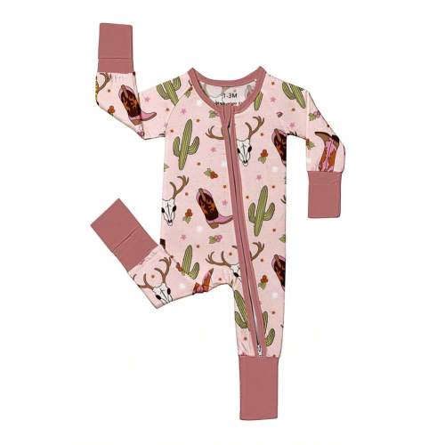 Baby Bamboo Fiber Zip-Up, Pink Western Style Print Romper, All-Season Knit Fabric Skinny Fit With Zipper Detail, CowGirl Baby Clothes, Perfect For Outdoor | SHEIN USA