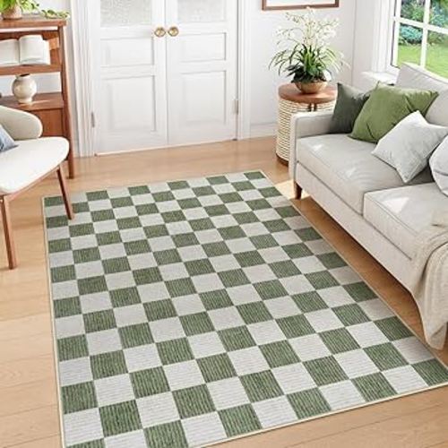 Machine Washable 5x7 Area Rugs for Living Room Checkered, Non Slip Soft Low Pile Farmhouse Geometric Modern Neutral Playroom Boys Rugs for Bedroom, Large Carpet Rugs for Dining Room(Sage Green,5'x7')