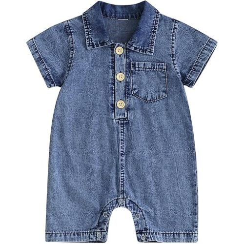 Newborn Baby Boy Girl Summer Clothes Lapel Short Sleeve Romper Button Up Solid Denim Jumpsuit Overalls