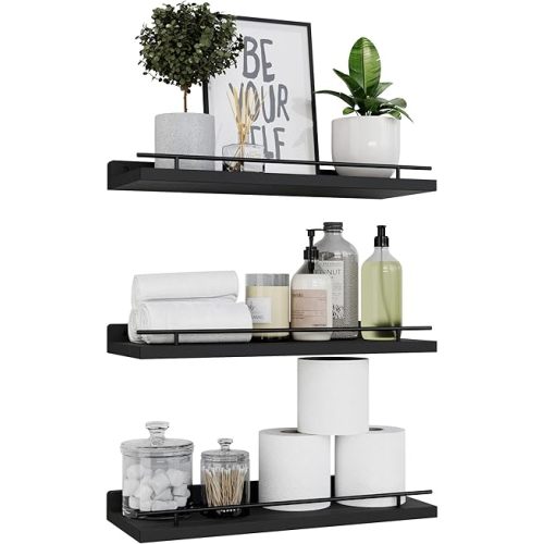 WOPITUES Floating Shelves with Black Metal Guardrail, Shelves for Wall Decor Set of 3, Wall Shelves for Bedroom, Bathroom, Kitchen, Living Room, Plants, Picture Frames, Art- Black